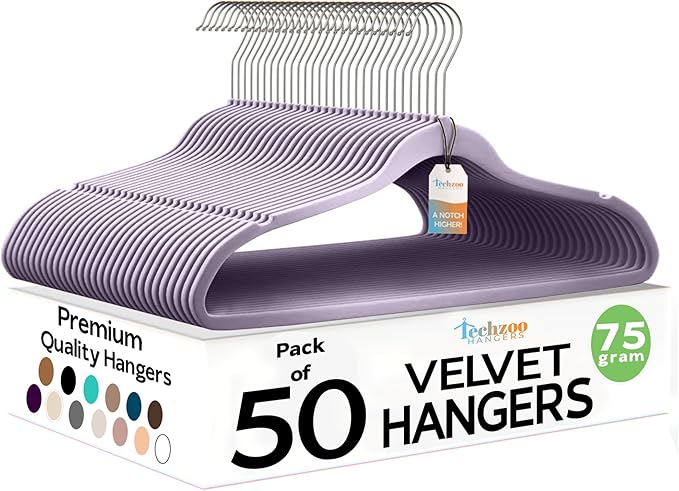 Techzoo Premium Velvet Hangers 50 Pack Ultra Thin Non Slip Adult Felt Space Saving Suit Hanger for Closet Heavy Duty Coat Pants Jackets Dress Hangers 360° Swivel Hook Hold Upto 10 lbs Purple Hangers