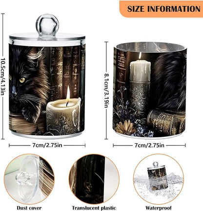 2 Pack Black Cat Gothic Qtip Cotton Ball Holders Dispenser with Lid, Plastic Jars Bathroom Canisters Storage Organizer