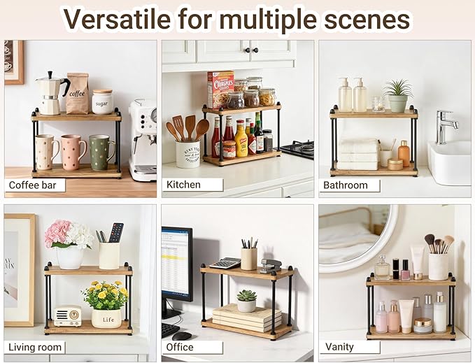 Mkono Bathroom Counter Organizer, 2 Tier Wooden Shelf for Vanity Countertop Skincare Makeup, Rustic Bathroom Decor Storage and Organization for Kitchen, Coffee Bar, Office, Light Brown