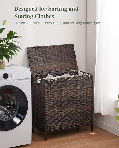 SETVSON Laundry Hamper with Lid 132 L, (35 Gallons) Clothes Hamper with Lid, Handwoven Rattan Laundry Hamper with Metal Heightened Feet, Laundry Hampers with 3 Removable Liner Bags for Laundry-Brown