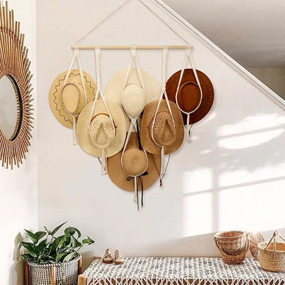 ZYP Macrame Hat Hanger Boho Hat Rack for Wall Hat Holder Display Organizer Bobo Hanging Hat Organizer Storage for Wide Brim Hats