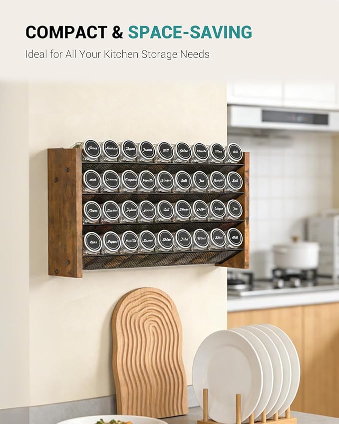 NESAPTO Spice Rack Organizer with 36 Glass Spice Jars, Wood 4-Tier Seasoning Organizer with Labels for Cabinet, Pantry, Countertop or Wall Mount, Chalk Marker and Funnel Set, 17.2" W × 9.4" H