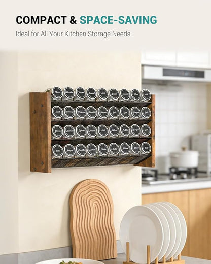 NESAPTO Spice Rack Organizer with 36 Glass Spice Jars, Wood 4-Tier Seasoning Organizer with Labels for Cabinet, Pantry, Countertop or Wall Mount, Chalk Marker and Funnel Set, 17.2" W × 9.4" H