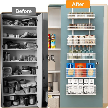 Bunoxea 6-Tier Over The Door Pantry Organizer,Hanging Spice Rack,Over Door Adjustable Basket with Handle,Pantry Organization And Storage, Laundry Room,Bathroom,Large Capacity,D5.3xW15.7xH60.9in