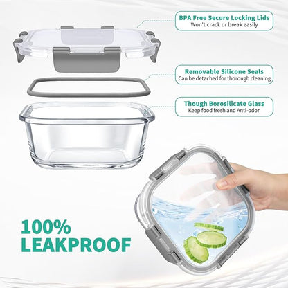AMALEKO 34pc Glass Food Storage Containers with Lids Set, Airtight Glass Meal Prep Containers, Leak Proof Lunch Container BPA-Free, Microwave, Oven, Freezer, Dishwasher Safe-Gray
