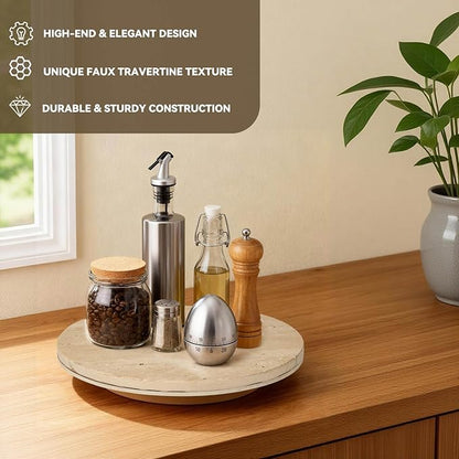 Faux Travertine Lazy Susan, 11.5" Rotating Round Serving Tray for Kitchen Countertop, Dining Table or Vanity Organizer