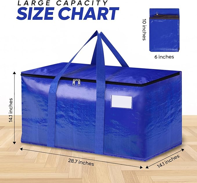 4 Pack Extra Large Moving Bags with Strong Zipper & Handles - Heavy Duty Clothes Storage Tote Bins - Moving Boxes for Space Saving, College Supplies with Drawstring bag