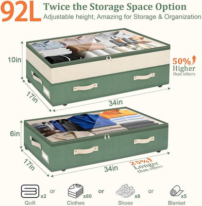 Dolicer 4 Pack Under Bed Storage with Wheels, 6in-10in Height Adjustable Underbed Storage Containers, 92L XXXL Under Bed Drawers Rolling Bin with Clear Lids for Dorm Shoes Clothes Organizers(Green)