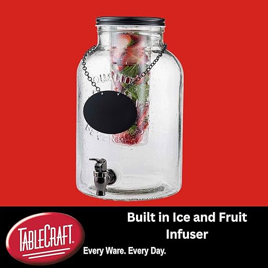 Tablecraft Industrial Collection Glass Beverage Dispenser, 2 gal, Includes Ice Core & Infuser, 8x10x12.75, Chalkboard Necklace