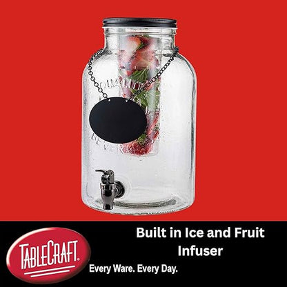 Tablecraft Industrial Collection Glass Beverage Dispenser, 2 gal, Includes Ice Core & Infuser, 8x10x12.75, Chalkboard Necklace