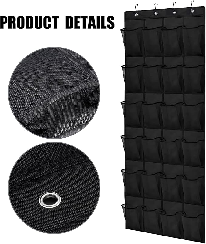 Over the Door Shoe Organizer, 24 Mesh Pockets with Ventilated Design, Space Saving Storage for Shoes Accessories Bathroom Pantry