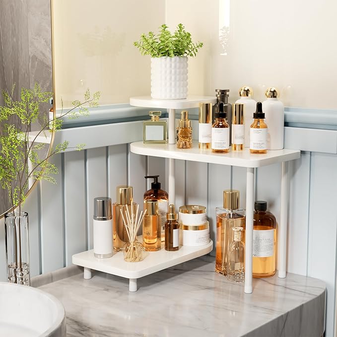 REFGY 3-Tier Corner Bathroom Counter Organizer, Adjustable Multi-Layer Vanity Storage Shelf with Natural Wood-Texture, Versatile Makeup & Perfume Holder for Kitchen, Bedroom & Home Office, White
