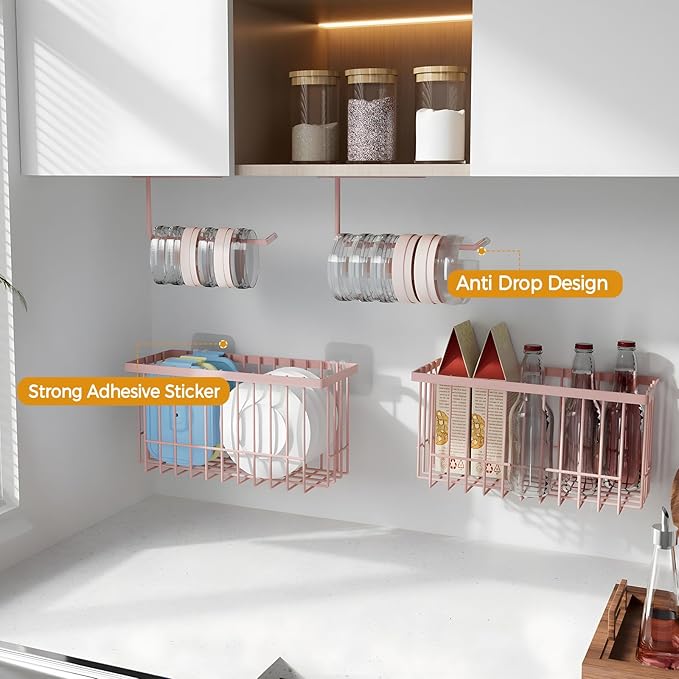 4 Pack Adhesive Cabinet Door Organizer - Tumbler Lid Organizer & Kitchen Storage baskets for Kitchen, Bathroom, Inside Cabinet Door Storage for Cup Lids, Spices, Small Supplies, Space-Saving (Pink)