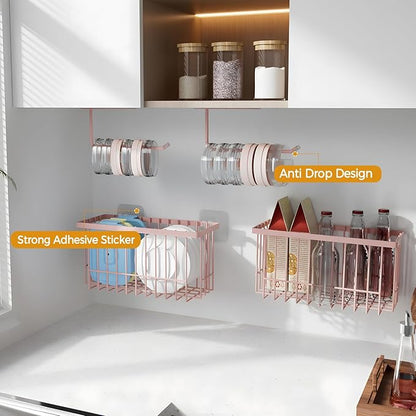 4 Pack Adhesive Cabinet Door Organizer - Tumbler Lid Organizer & Kitchen Storage baskets for Kitchen, Bathroom, Inside Cabinet Door Storage for Cup Lids, Spices, Small Supplies, Space-Saving (Pink)