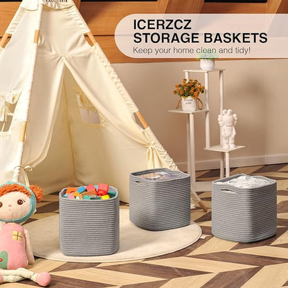 ICERZCZ 11 Inch Cube Storage Bins, Storage Cube Organizer Bins, Woven Cotton Rope Basket for Storage, Storage Baskets for Organizing Shelves, Grey Baskets for Toys Nursery, Grey (Pack of 3)
