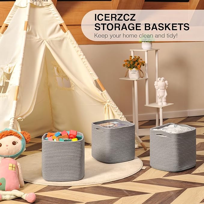ICERZCZ 13 Inch Cube Closet Storage Bins, Woven Cotton Rope Organizer Baskets for Organizing & Shelves, Books, Towels, Clothes, Toys, 13x13x13 in, Grey (Pack of 3)