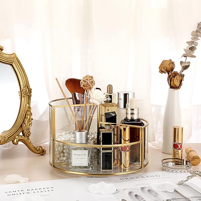 Hipiwe 360 Rotating Makeup Organizer 3-Slot Gold Glass Spinning Cosmetic Display Case Round Vanity Storage Holder Dresser Bathroom Organizer for Prefume Makeup Bushes Lipsticks