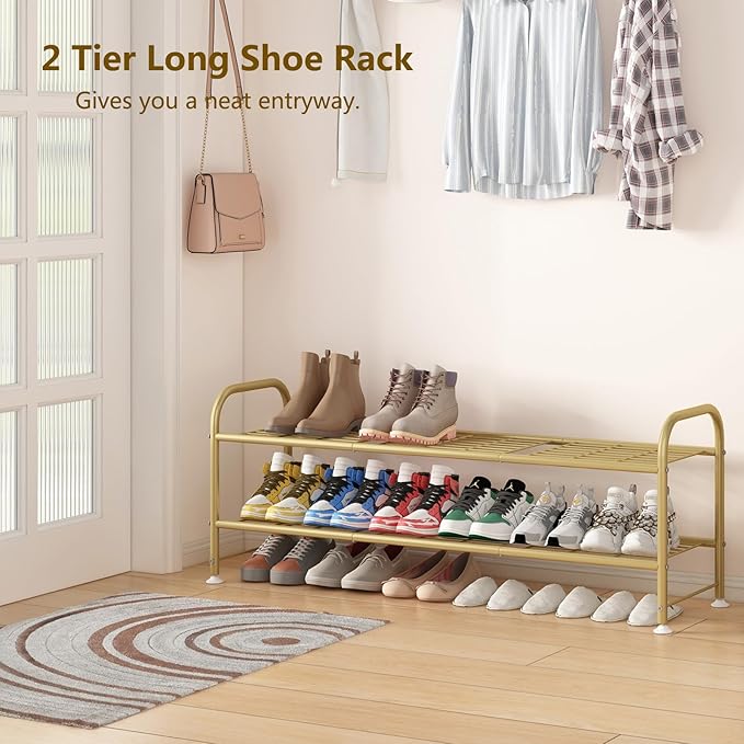 LINZINAR Shoe Rack Long 2 Tier Shoe Storage Organizer Metal Wide Shoe Shelf for Closet Entryway Bedroom 18 Paris Large Capacity, Gold