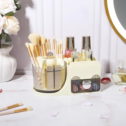 DASITON Makeup Organizer with Drawer, 360° Rotating Makeup Brush Holder, Makeup and Skincare Storage Box, Make Up Organizers for Vantiy, Desktop, Bathroom Countertop, Cosmetic Display Case (Cream)