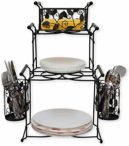 Chaffing Dish Buffet Set – 3-Tier Chaffee Buffet Set with Plate, Napkin and Silverware Holder – Buffet Caddy Plate Holder Organizer for Kitchen, Dining, Entertainment – Tiered Organizer