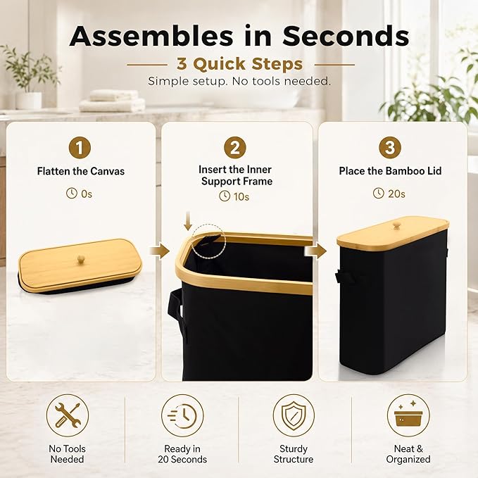 Premium Waterproof Toilet Paper Storage Box with Bamboo Lid - Fits 9 Mega Rolls, 900D Heavy-Duty Fabric Bathroom Organizer Bin with Elevated Base & Handles for Narrow Spaces (17.3"x 6.9"x 15.5")