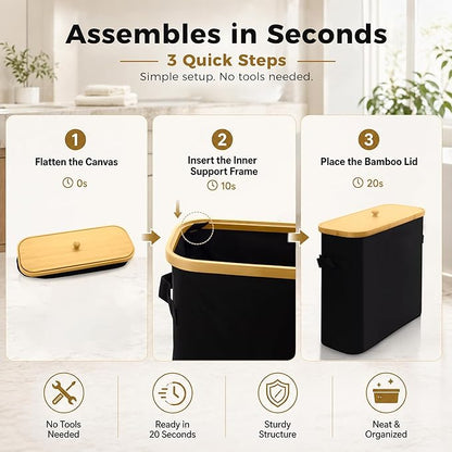 Premium Waterproof Toilet Paper Storage Box with Bamboo Lid - Fits 9 Mega Rolls, 900D Heavy-Duty Fabric Bathroom Organizer Bin with Elevated Base & Handles for Narrow Spaces (17.3"x 6.9"x 15.5")
