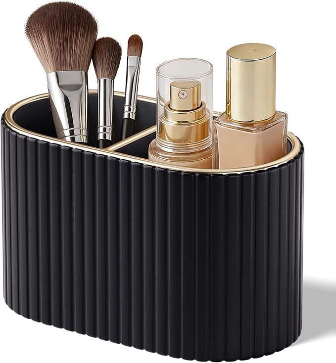 KINGFOM Makeup Brush Holder Organizer with Divider, PU Leather Vanity Brush Holder for Bathroom Countertop & Dressing Table, Cosmetic Desktop Storage Caddy for Makeup Tools Oval (Black)