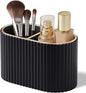 KINGFOM Makeup Brush Holder Organizer with Divider, PU Leather Vanity Brush Holder for Bathroom Countertop & Dressing Table, Cosmetic Desktop Storage Caddy for Makeup Tools Oval (Black)