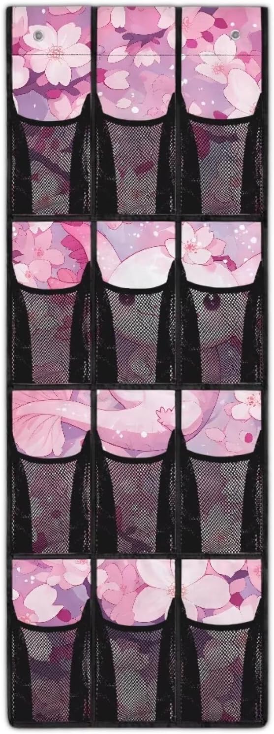 Axolotl Door Hanging Shoe Organizer 12 Pockets Over The Door Closet Organizer Space Saving Cherry Blossom Wall Hanging Storage for Living Room