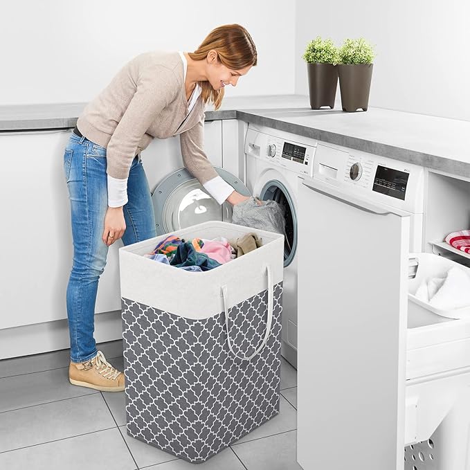 StorageRight Laundry Basket Hamper Large Collapsible Laundry Hamper with Easy Carry Handles，Freestanding Clothes Hampers for Laundry, Bedroom, Dorm, Clothes, Towels, 75L, Clover Grey