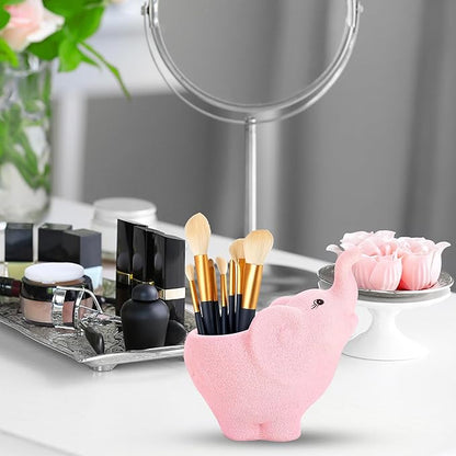 Pink Ceramic Elephant Makeup Brush Holder, Cute Makeup Brush Organizer, Decorative Cosmetic Storage Container for Desk, Vanity & Bathroom