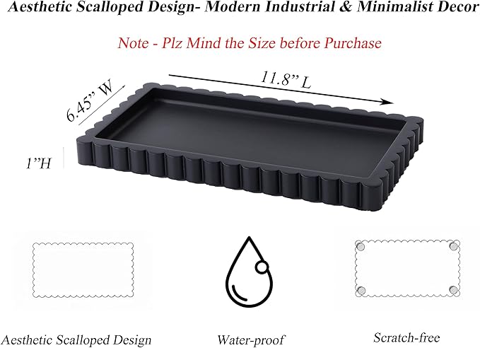 Scalloped Bathroom Vanity Tray for Countertop- Small Concrete Modern Industrial Minimalist Counter Vanity Organizer Tray for Dresser- Decorative Tray-11.8"L x 6.37"W x 1"H- Charcoal Black- Water-proof