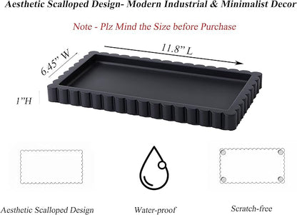 Scalloped Bathroom Vanity Tray for Countertop- Small Concrete Modern Industrial Minimalist Counter Vanity Organizer Tray for Dresser- Decorative Tray-11.8"L x 6.37"W x 1"H- Charcoal Black- Water-proof