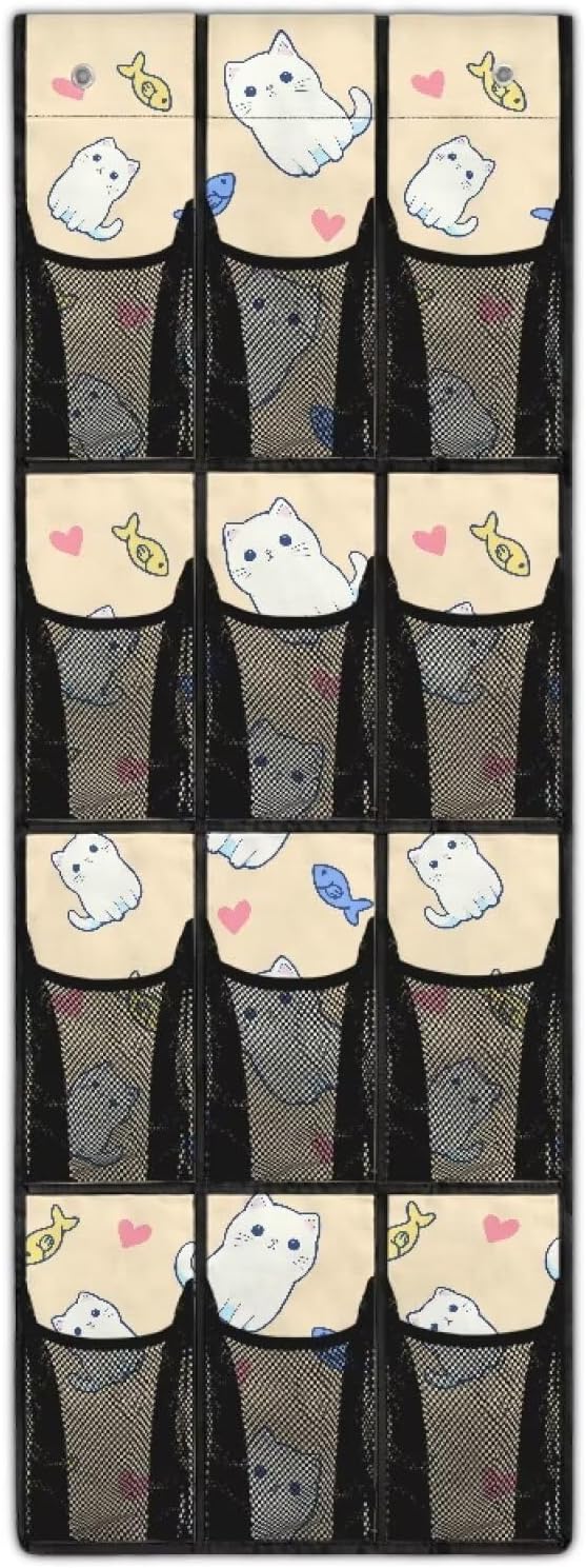 Cat Fish Over The Door Shoe Organizers,Shoe Rack for Door,Hanger Storage Organizer for Closet,Classroom Headphone Storage with 12 Mesh Pockets,Classroom Pocket Chart for Phone