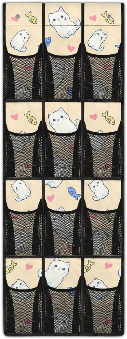 Cat Fish Over The Door Shoe Organizers,Shoe Rack for Door,Hanger Storage Organizer for Closet,Classroom Headphone Storage with 12 Mesh Pockets,Classroom Pocket Chart for Phone