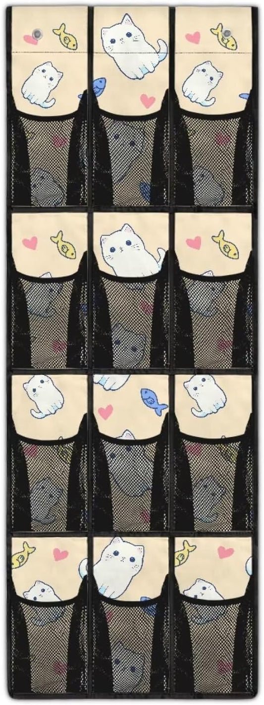 Cat Fish Over The Door Shoe Organizers,Shoe Rack for Door,Hanger Storage Organizer for Closet,Classroom Headphone Storage with 12 Mesh Pockets,Classroom Pocket Chart for Phone