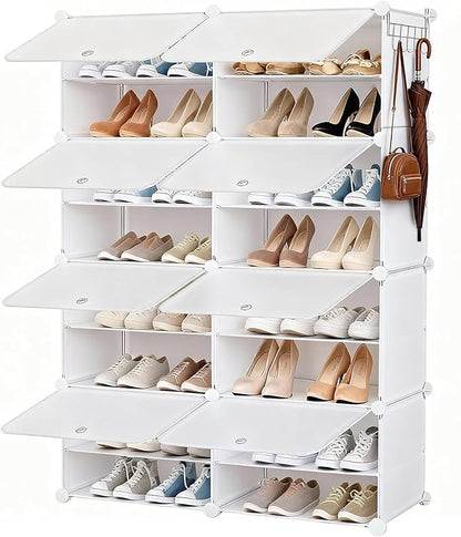 Simple Deluxe 8-Tier Shoe Rack Organizer with Doors, Stackable Shoe Storage Cabinet for Entryway Closet, Plastic Shoe Shelf with Metal Frame, Holds up to 32 Pairs for Bedroom Hallway, White