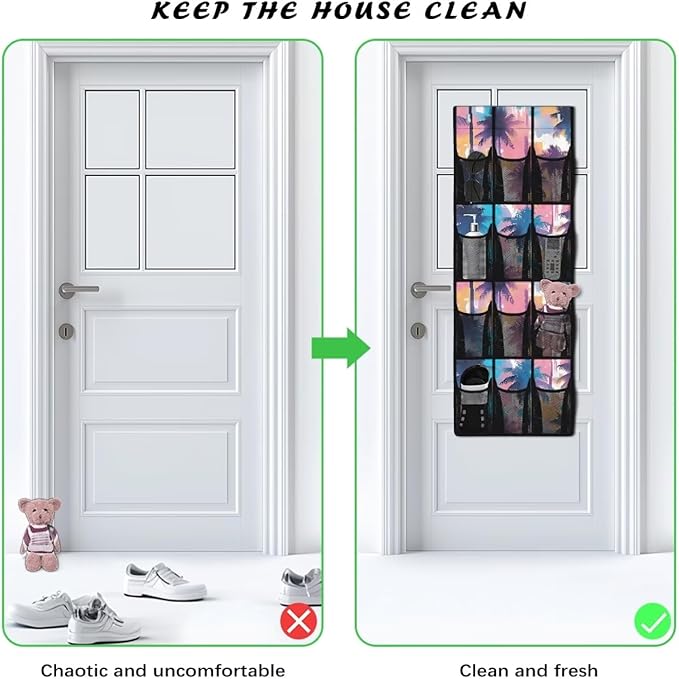 Colorful Coconut Tree Over the Door Shoe Organizer 12 Large Mesh Pockets Foldable Shoe Rack for Door Hanging Shoe Organizer Shoe Holder