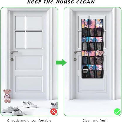 Colorful Coconut Tree Over the Door Shoe Organizer 12 Large Mesh Pockets Foldable Shoe Rack for Door Hanging Shoe Organizer Shoe Holder