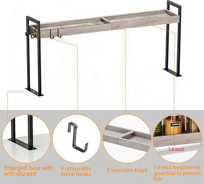 Spice Rack Shelf for Kitchen Stove, Over The Stove Shelf with 4 Level Adjustable Height, Over Stove Spice Rack with 4 Hooks, Grey + Black