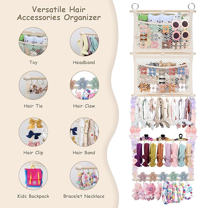 Headband Holder, 17x50in Hair Bow Holder W/ 2 Mesh Pockets & 24 Metal Hooks, Baby Bow Organizer for Girls, Wall Hanging Hair Accessories Organizer Storage Hanger for Toddler Room Nursery Decor(Beige)
