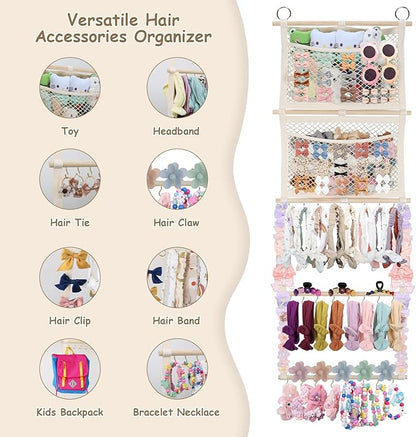 Headband Holder, 17x50in Hair Bow Holder W/ 2 Mesh Pockets & 24 Metal Hooks, Baby Bow Organizer for Girls, Wall Hanging Hair Accessories Organizer Storage Hanger for Toddler Room Nursery Decor(Beige)