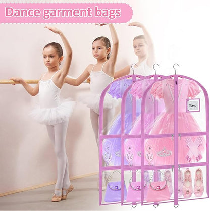 Garment Bags for Dance Costumes - 40 Inch Clear PVC with 5 Zipper Pockets (3 Pack) - Kids Dance Garment Bag for Dancers, Hanging Clothes Storage, Competitions & Travel (Clear Pink)