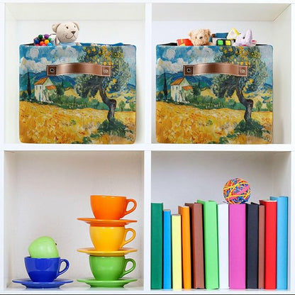 Large Storage Basket Tree Field Farmhouse Painting Storage Bin Cube Canvas Fabric Organizer Handles Collapsible for Clothes Toys Bedroom Decorative