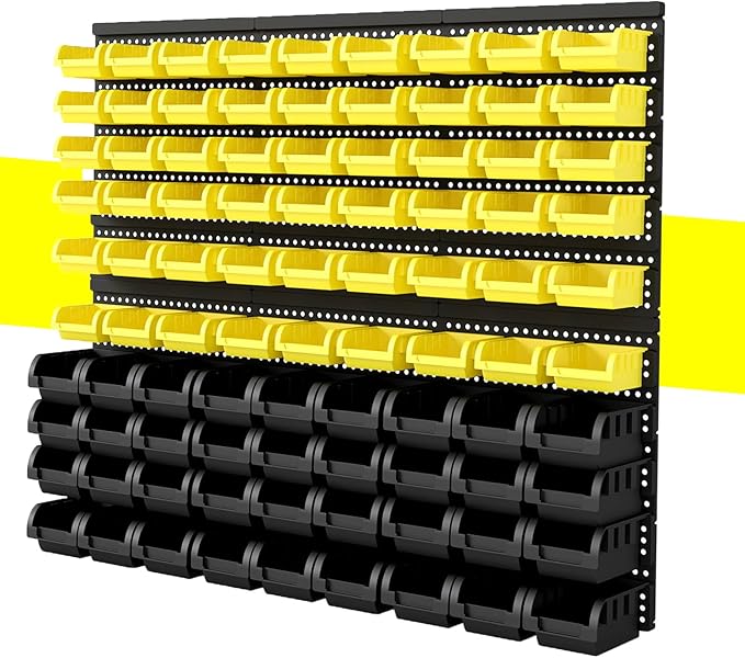 90Pcs Plastic Wall Mounted Storage Bins Parts Rack Nuts And Bolt Bins Organizer For Shop Garage for Screws, Nuts, Bolts, Nails, Beads, and Small Hardware Parts(YELLOW+BLACK, 90)
