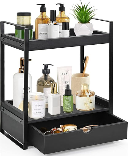 Ukonvi 2-Tier Bathroom Organizer Countertop with Drawer, Wood Counter Shelf for Storage, Vanity Tray for Organization and Decor, Countertop Organizer for Bathroom, Kitchen, Office (Black)