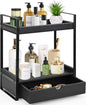 Ukonvi 2-Tier Bathroom Organizer Countertop with Drawer, Wood Counter Shelf for Storage, Vanity Tray for Organization and Decor, Countertop Organizer for Bathroom, Kitchen, Office (Black)