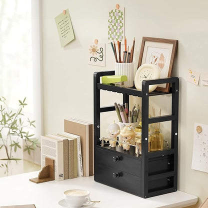 AmazerBath Bamboo Bathroom Countertop Organizer, 2-Tier Makeup Organizer with 2 Drawers, Vanity Organizer Storage Coffee Matcha Station, Compact Shelf for Bathroom Kitchen Office, Black