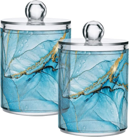 4 Pack Qtip Holder Dispenser Blue Marble Liquid Watercolor Cotton Ball Swab Round Pads Floss Clear Bathroom Storage Containers Plastic Apothecary Jars with Lids