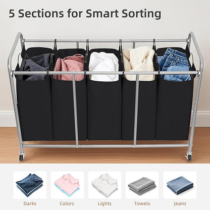 STORAGE MANIAC 5 Section Laundry Sorter, 5 Bins Rolling Separator Laundry Basket, Dirty Clothes Hamper Divider with Heavy Duty Rolling Lockable Wheels, Large Clothes Organizer Cart, Black